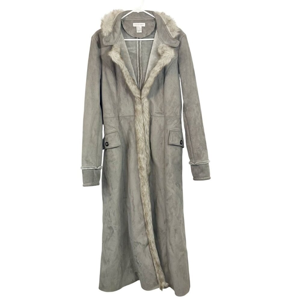 Vintage Newport News Gray‎ Faux Suede & Fur Longline Coat Penny Lane Y2K Size 16